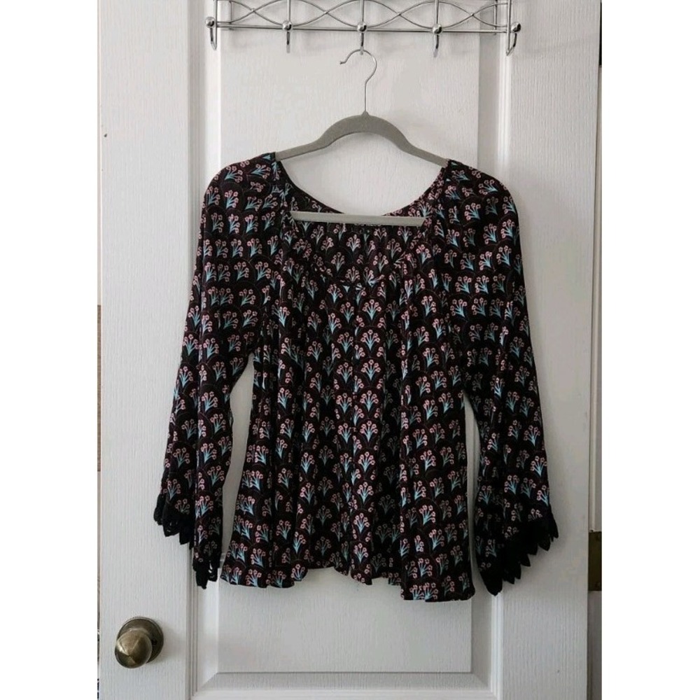 Express Women Black Floral Lace Long Sleeve Fabric Button Peasant Blouse Size M